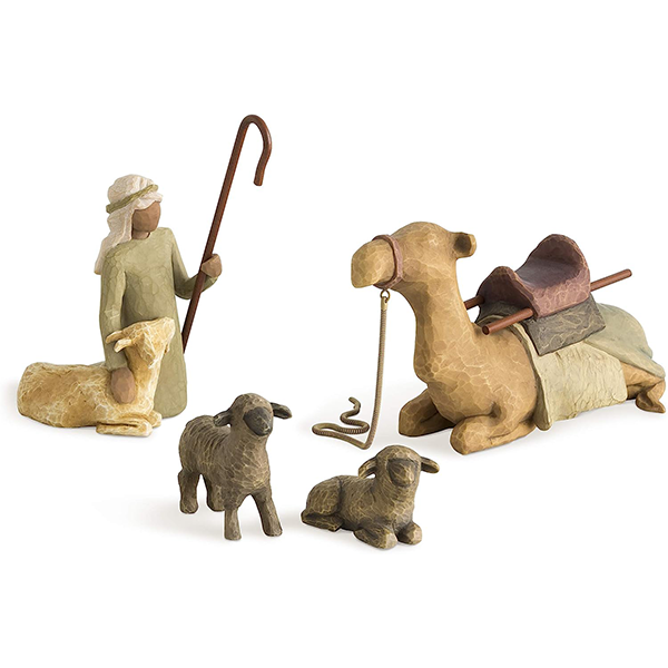 Shepherd and Stable Animals, Sculpted Hand-Painted Nativity Figures, 4-Piece Set